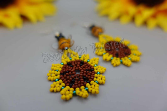 Handmade~Bumblebee Sunflower Earrings~Dangle Drop~925 Sterling Silver