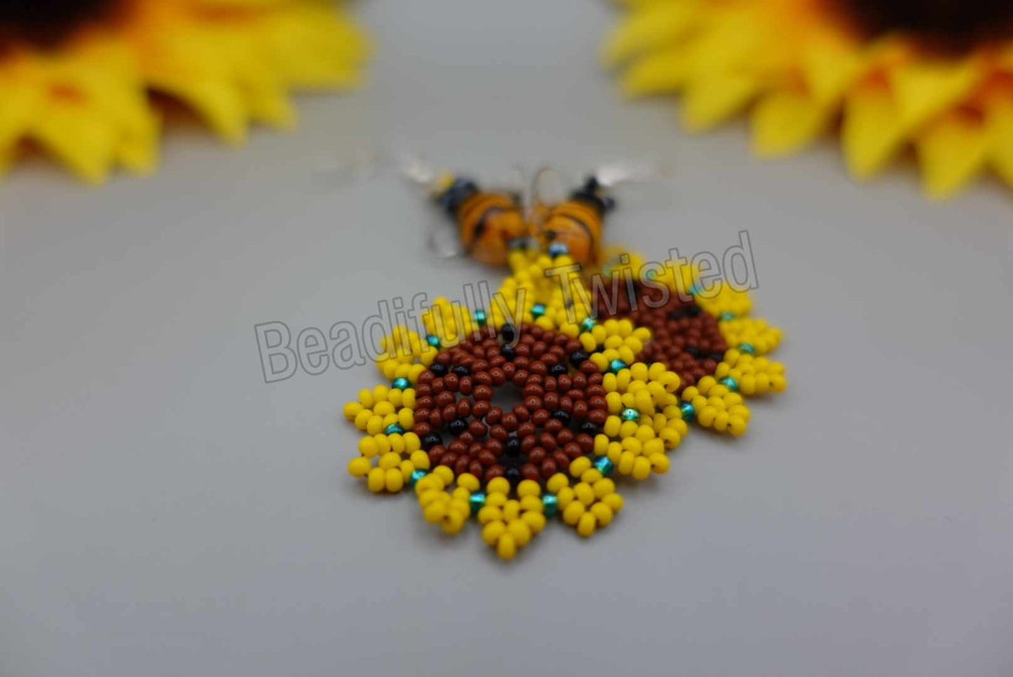 Handmade~Bumblebee Sunflower Earrings~Dangle Drop~925 Sterling Silver