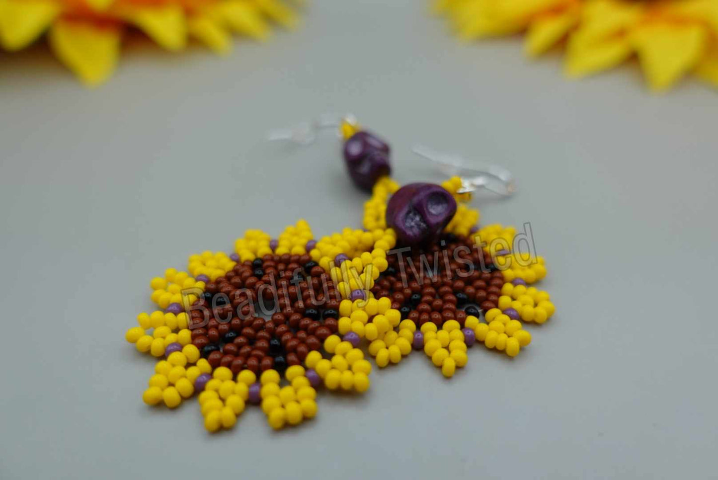 Handmade~Sugar Skull Sunflowers~Dange Drop Earrings~925 Sterling Silver