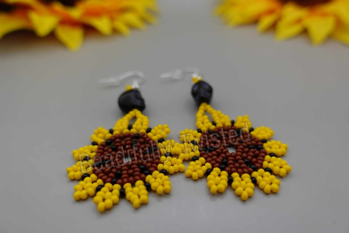 Handmade~Sugar Skull Sunflowers~Dange Drop Earrings~925 Sterling Silver