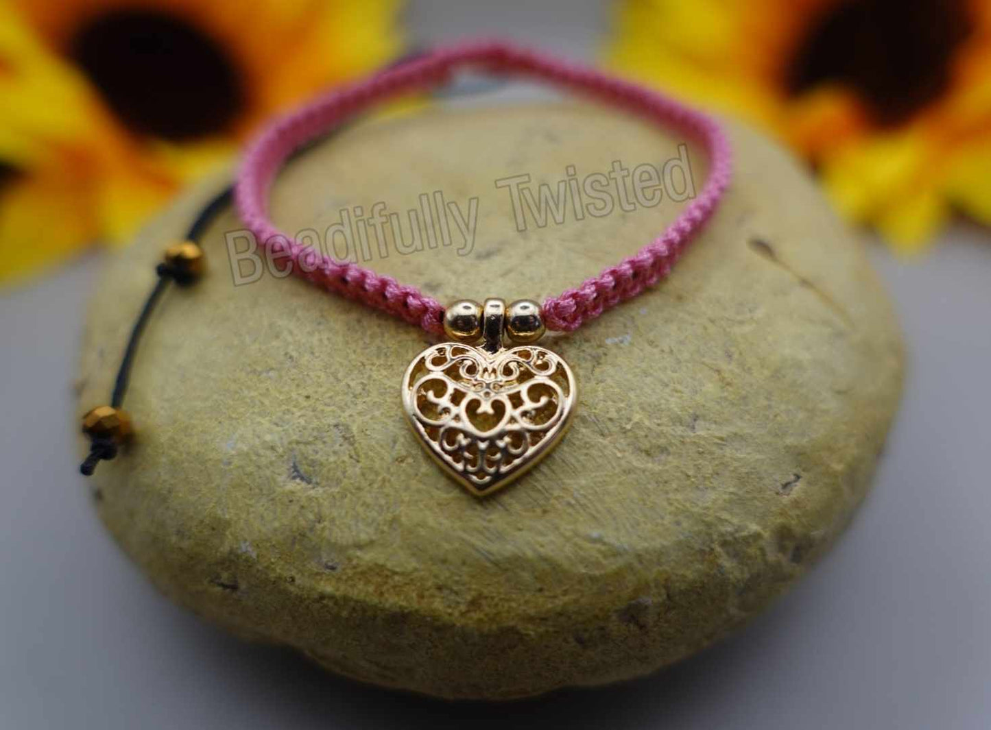 Handmade Macrame Bracelets~Heart Charms~Adjustable