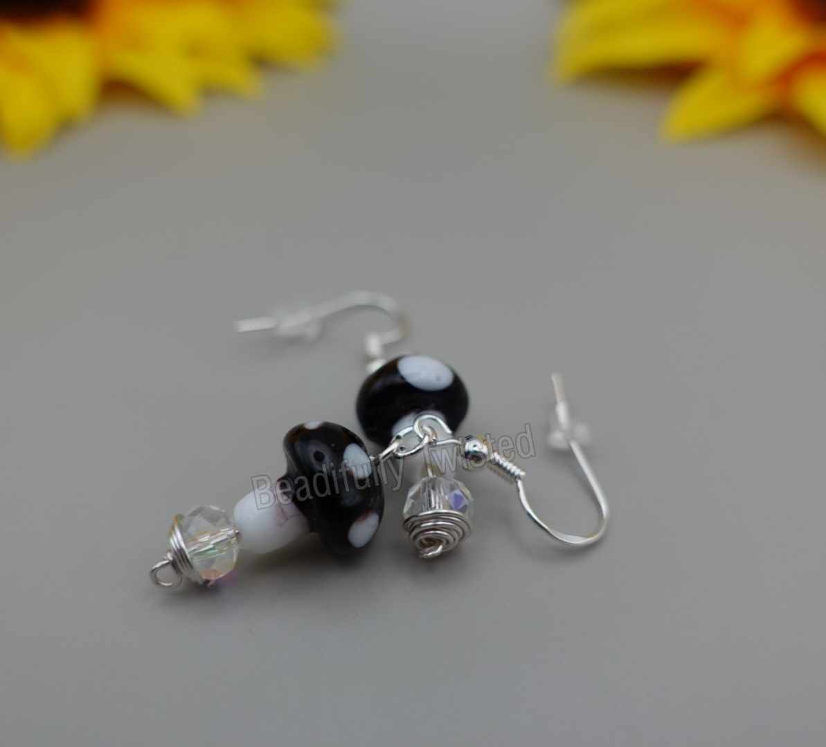 Handmade~Glass Mushie Earrings~Dangle Drop~925 Sterling Silver