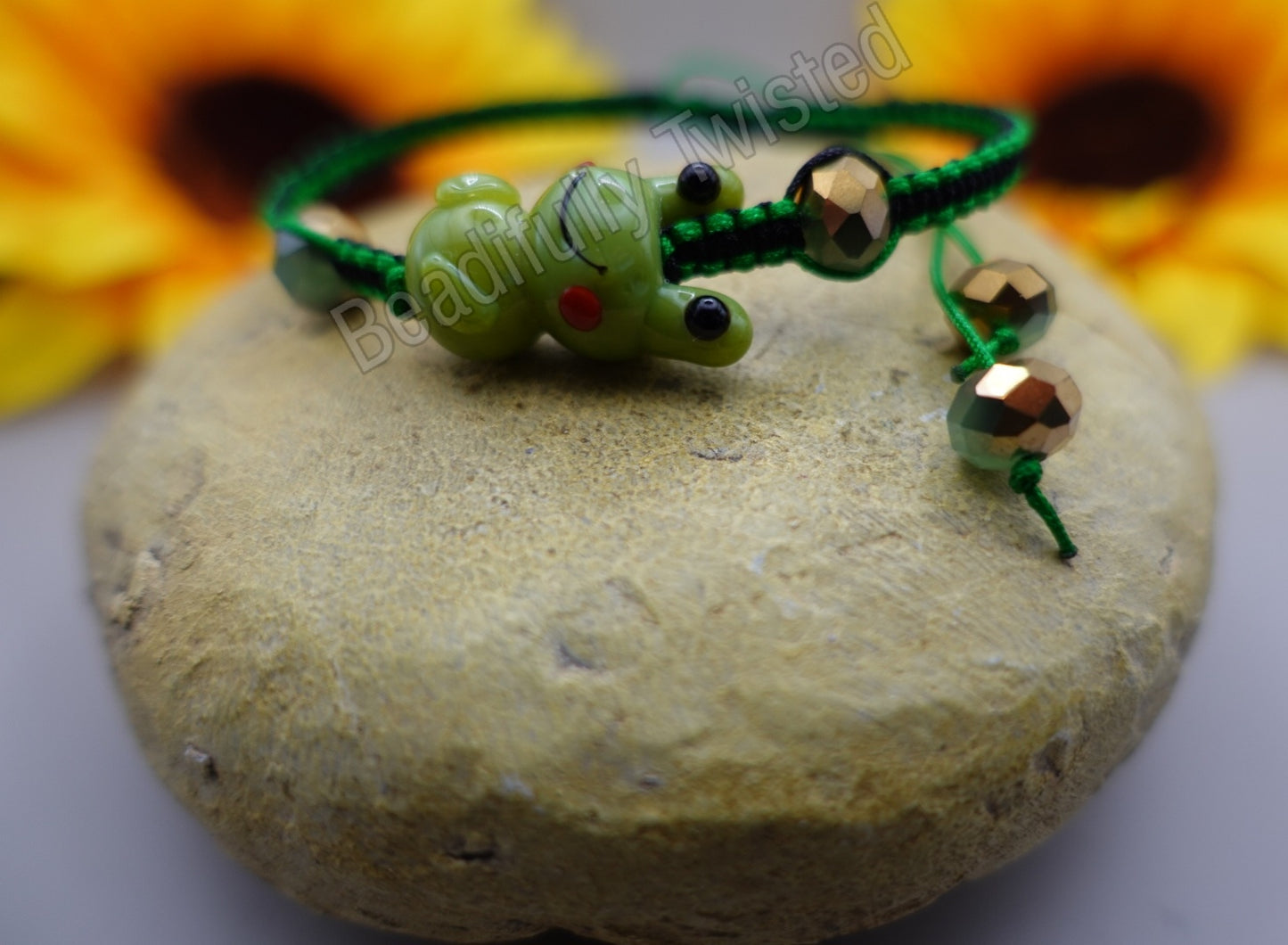 Handmade Macrame Bracelet~Glass Blown Frog~Reversible~Gemstones~Adjustable